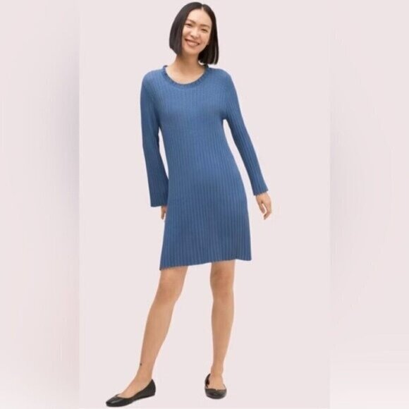 NWOT Kate Spade Pointelle Long Sleeve Sweater Mini Dress In Blue Size Medium - Picture 1 of 3